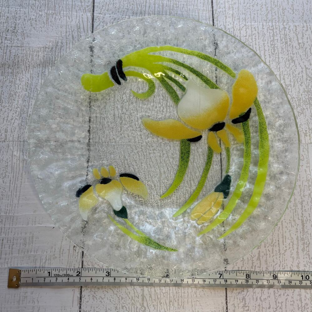 Vintage Fused Glass Art Plate Yellow & White Iris Floral Design - Picture 5 of 6